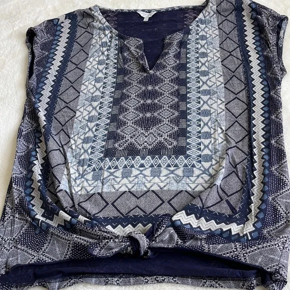 Lucky Brand tie waist sleeveless top blue / grey print sz large - Picture 2 of 12